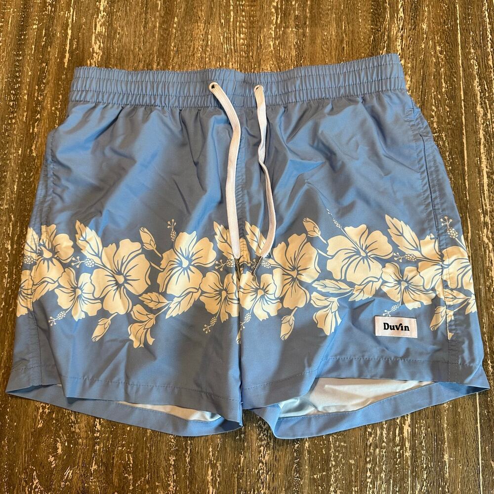 Duvin Tropical Hawaiian Print Lined Swimsuit Trunks Beach Blue Men’s Size M